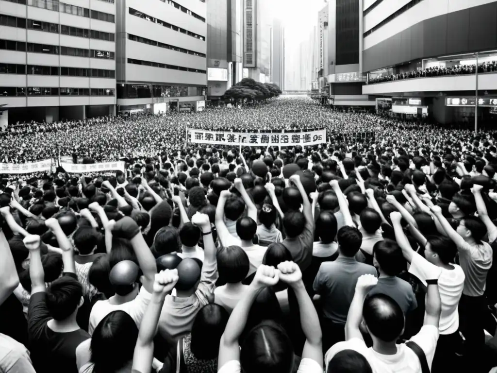 Multitud prodemocracia en las calles de Hong Kong, manifestantes con puños en alto y pancartas, capturando la intensidad del movimiento