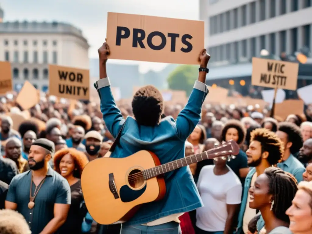 Multitud en protesta con carteles y músico cantando y tocando guitarra en escenario improvisado, iluminados por luces de la calle y celulares en alto