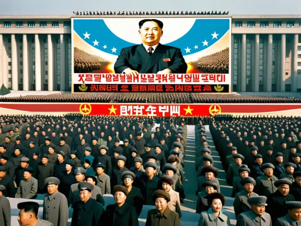 Multitud reunida en la Plaza Kim Il Sung de Pyongyang, con propaganda y consignas ideológicas