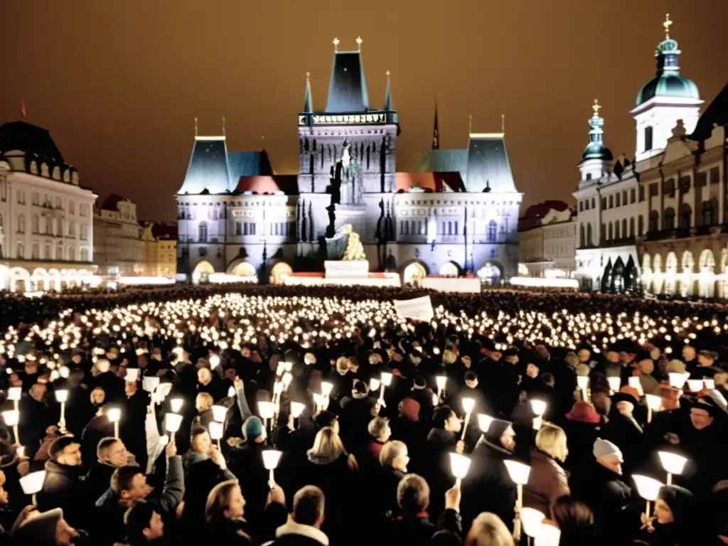 Multitud en Plaza Wenceslao de Praga durante la Revolución de Terciopelo, con velas y pancartas