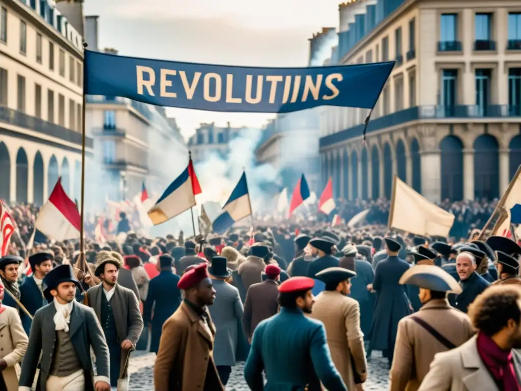 Multitud de revolucionarios marchando por las calles de París durante la Revolución Francesa, evocando la Declaración de los Derechos del Hombre