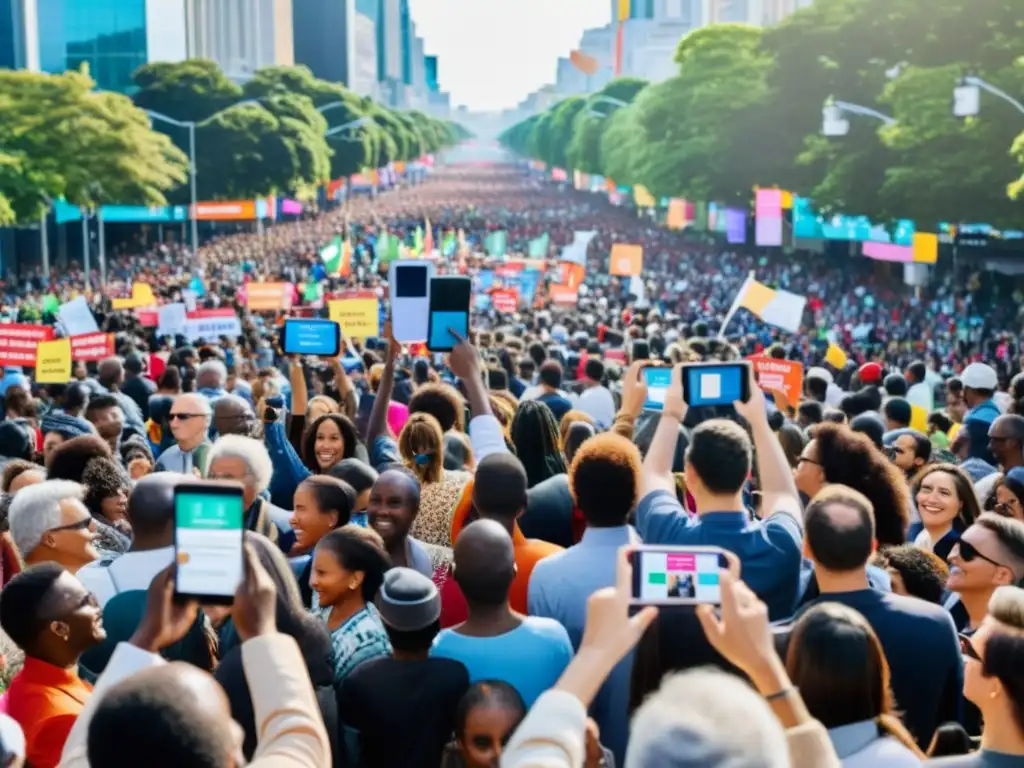 Multitud unida en la ciudad sostiene dispositivos móviles con mensajes de apoyo a causas sociales y políticas