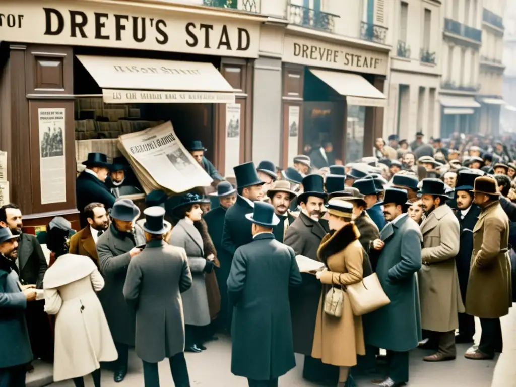 Multitud en París del siglo XIX lee con emoción el escándalo Dreyfus, reflejando el impacto en la libertad de expresión