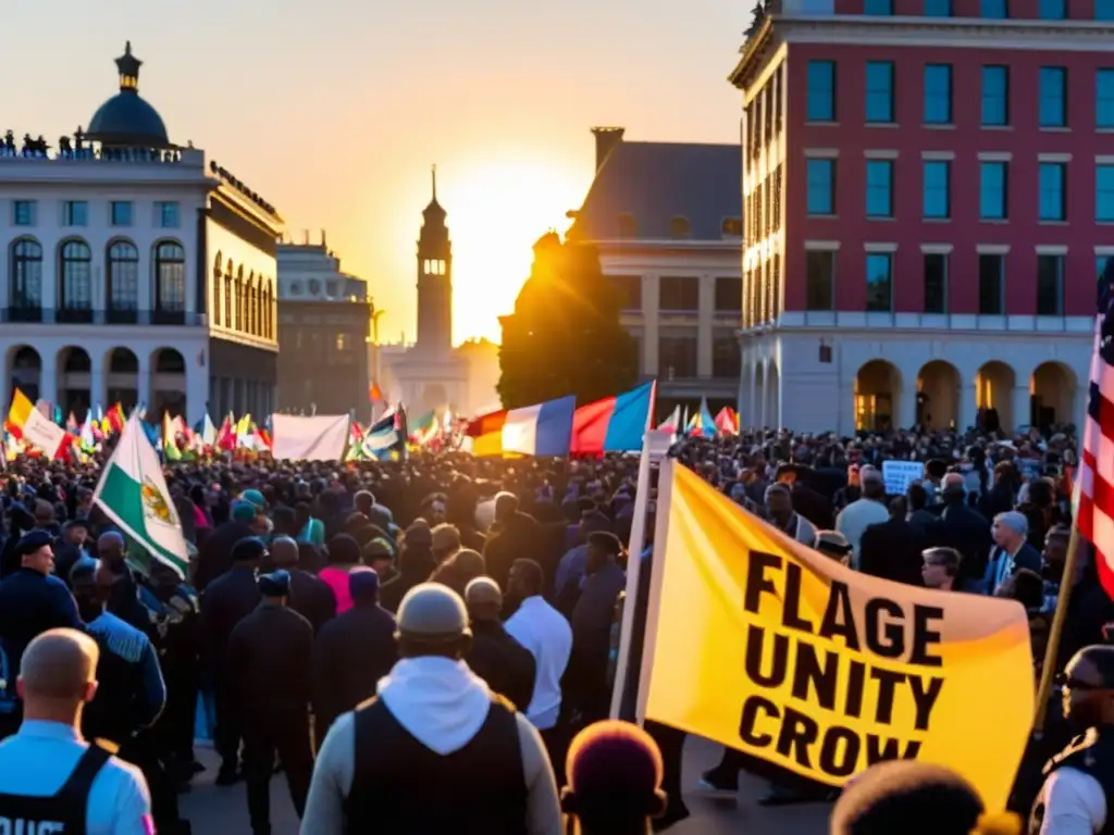 Manifestación multitudinaria en la ciudad al atardecer, con diversidad de pancartas y consignas, mostrando el impacto de las manifestaciones públicas