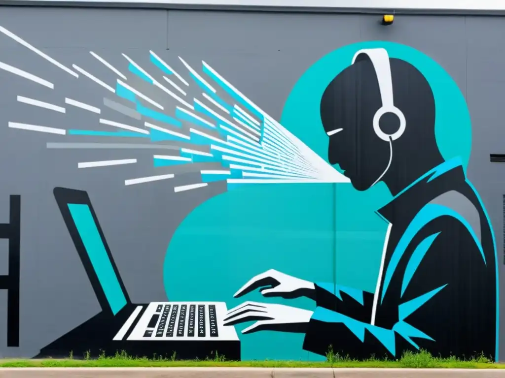 Un mural callejero en grisáceo muestra una figura sin rostro tecleando en un teclado, con código digital y números binarios fluyendo hacia fuera