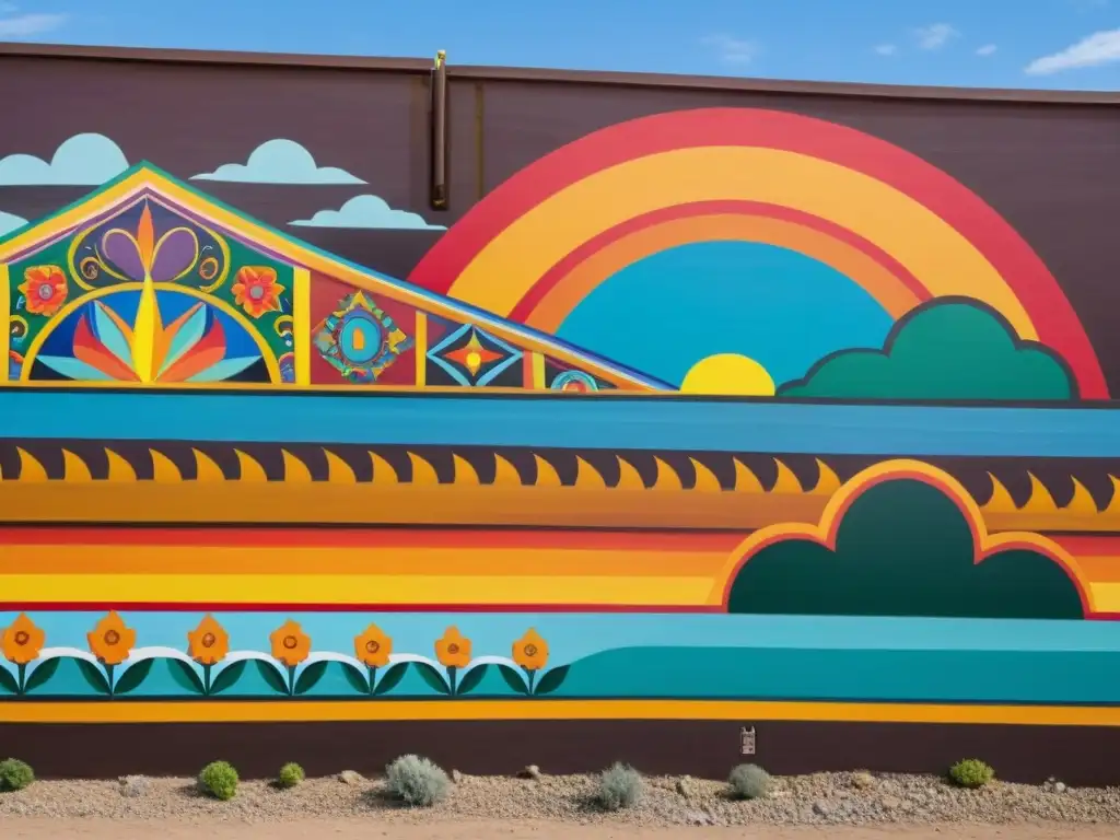 Un mural en un muro fronterizo muestra expresiones creativas que desafían barreras culturales, reflejando la diversidad y la determinación de artistas