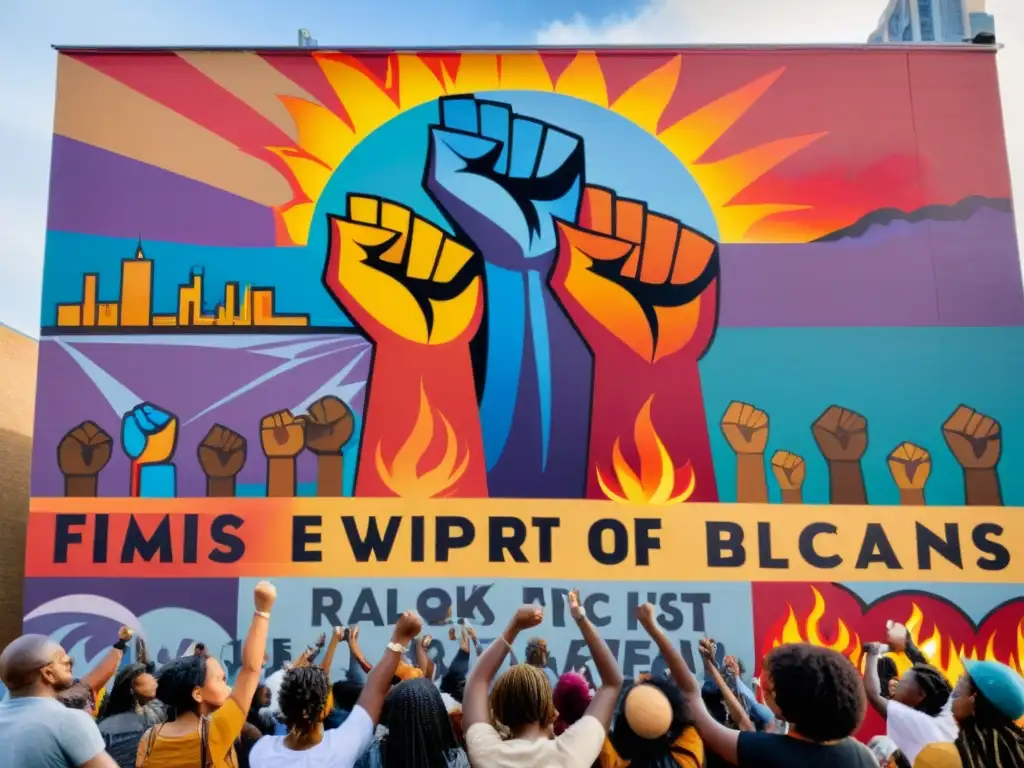 Un mural de protesta con mujeres diversas levantando el puño, rodeadas de colores vibrantes y símbolos de empoderamiento