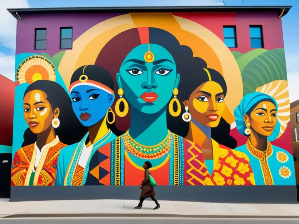 Un mural urbano vibrante y multicultural que representa la unidad y la diversidad