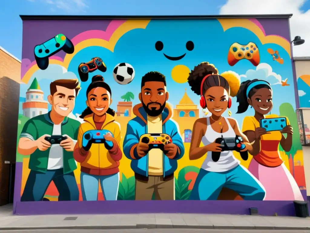 Un mural vibrante muestra diversidad y unidad al jugar videojuegos, reflejando el impacto de los videojuegos políticos