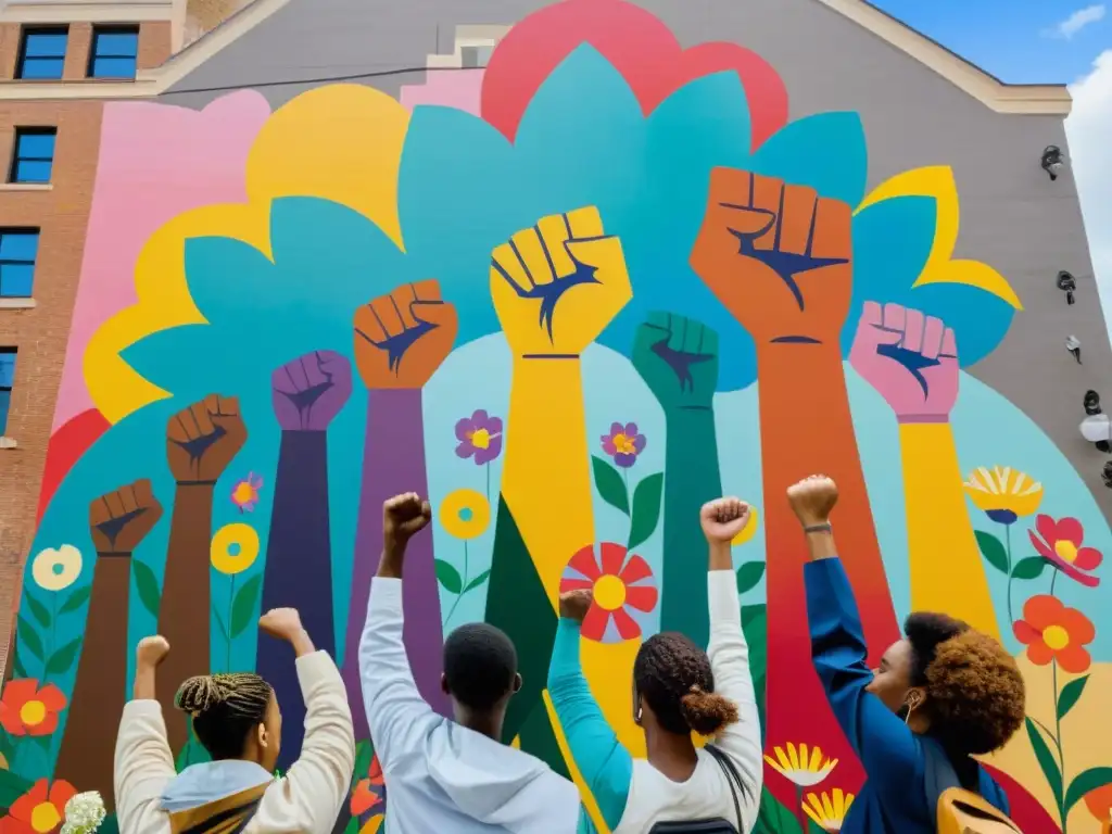 Un mural vibrante muestra diversidad y unidad, rodeado de flores y símbolos