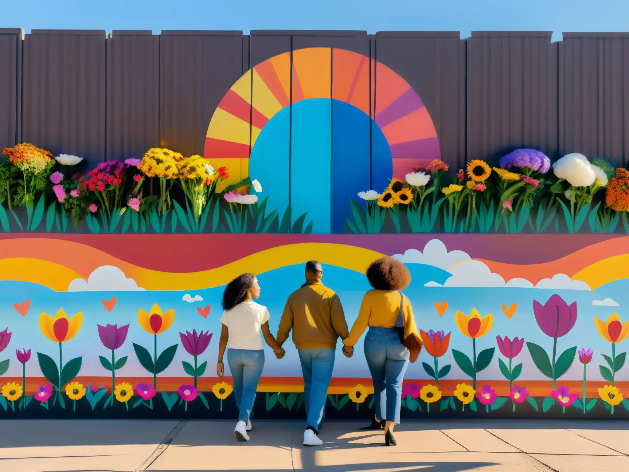 Un mural vibrante muestra a un grupo diverso desafiando una barrera, con flores y símbolos de unidad y resistencia