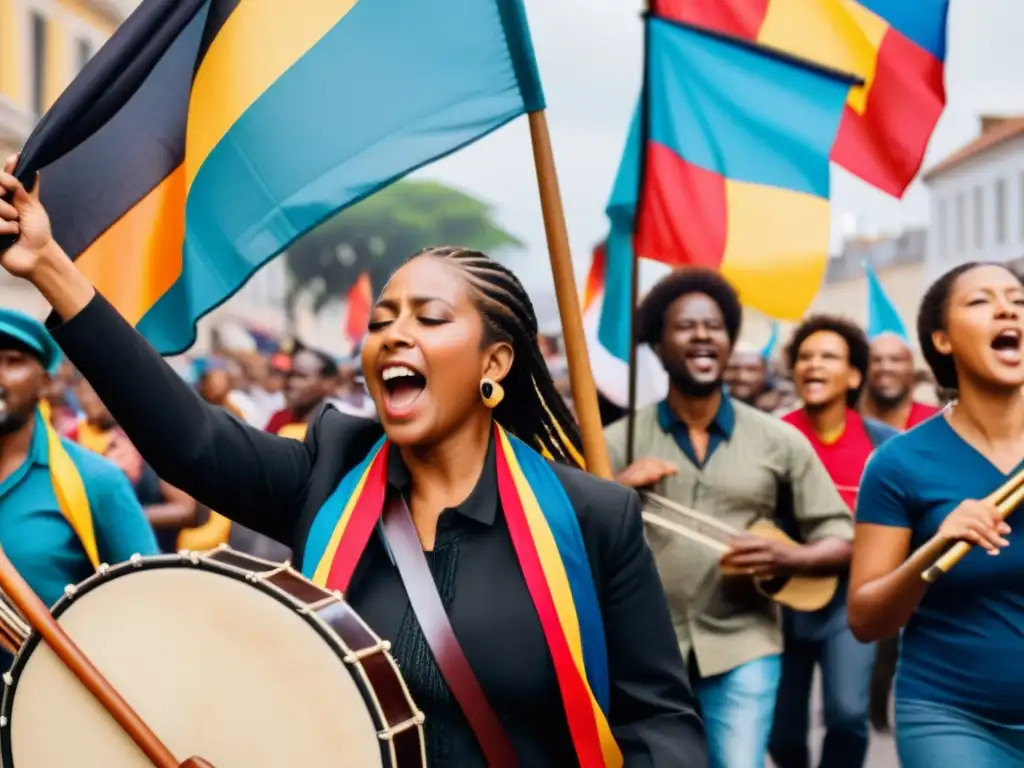 Músicos en marcha de protesta, tocando instrumentos tradicionales con pasión, transmitiendo la esencia de la música como expresión de derechos humanos