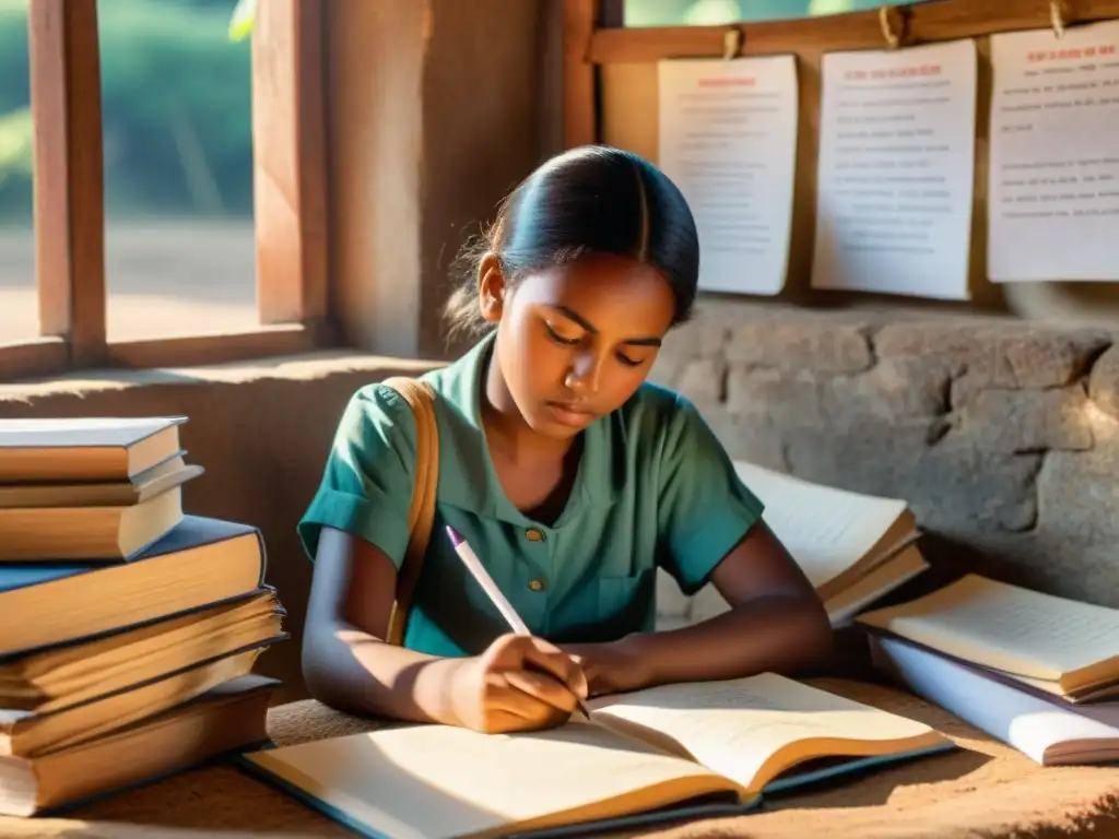 Una niña en una aldea rural, concentrada en sus estudios rodeada de libros y carteles educativos