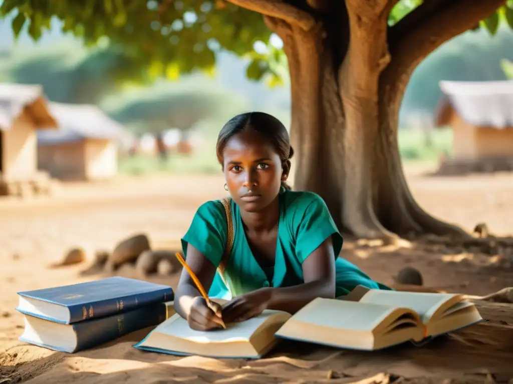 Estudio bajo el sol: niña en aldea rural Una niña estudia bajo un árbol en una aldea rural de un país en desarrollo, resaltando la importancia de la educación femenina en entornos desafiantes