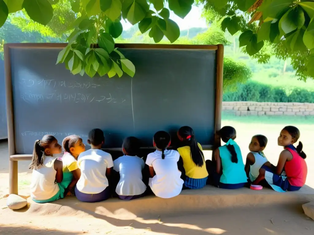 Niñas desplazadas reciben educación inclusiva bajo un árbol, rodeadas de naturaleza, escuchando a su maestra con concentración y alegría