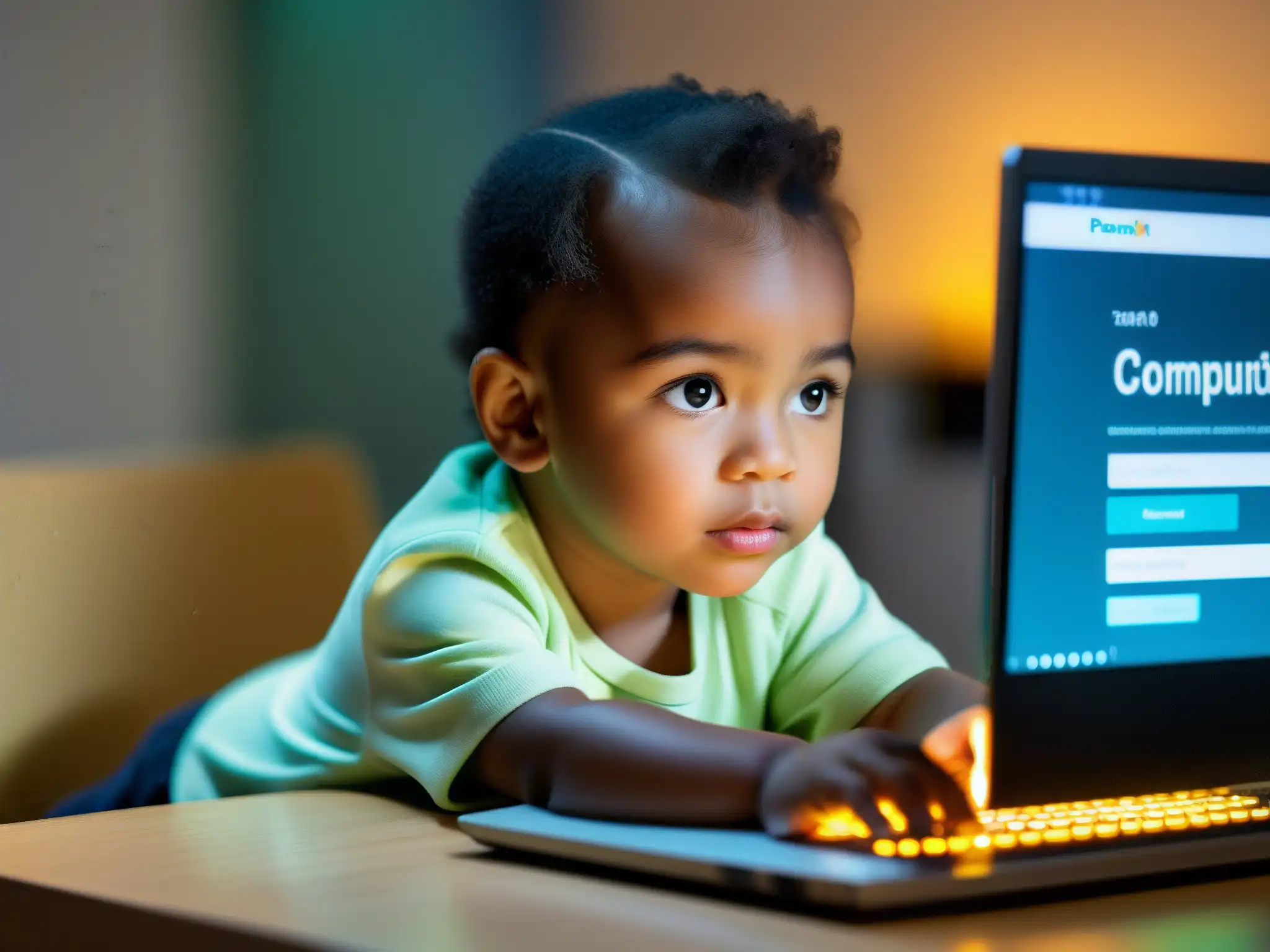 Un niño disfruta de una actividad educativa en la computadora, rodeado de medidas de seguridad