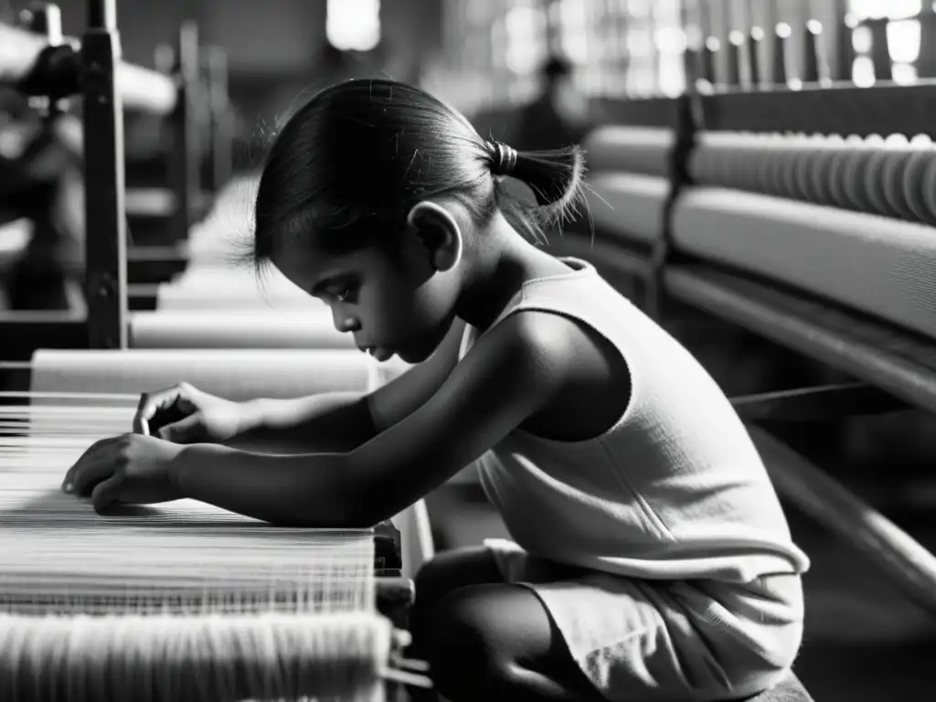 Niño de 8 años tejiendo en fábrica oscura y abarrotada, reflejando la dura realidad del trabajo infantil en economía global