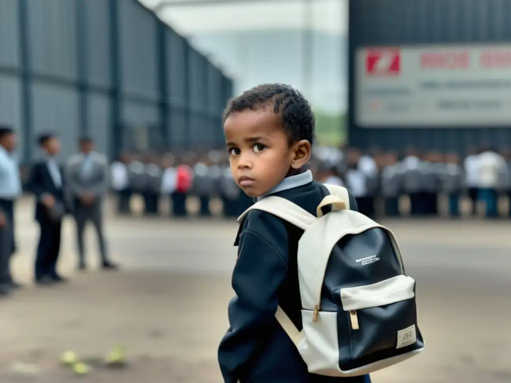 Un niño de 6 años frente a una fábrica, con expresión seria, lleva ropa gastada y un morral