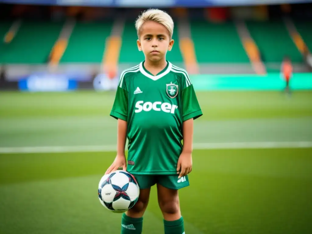 Un niño sostiene un balón y una escoba en un estadio, representando la lucha contra el trabajo infantil en eventos deportivos