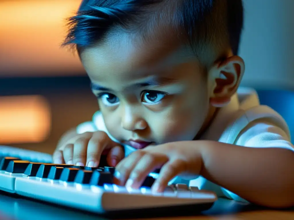 Un niño concentrado usando un teclado de computadora, resaltando el acceso a la información como derecho fundamental