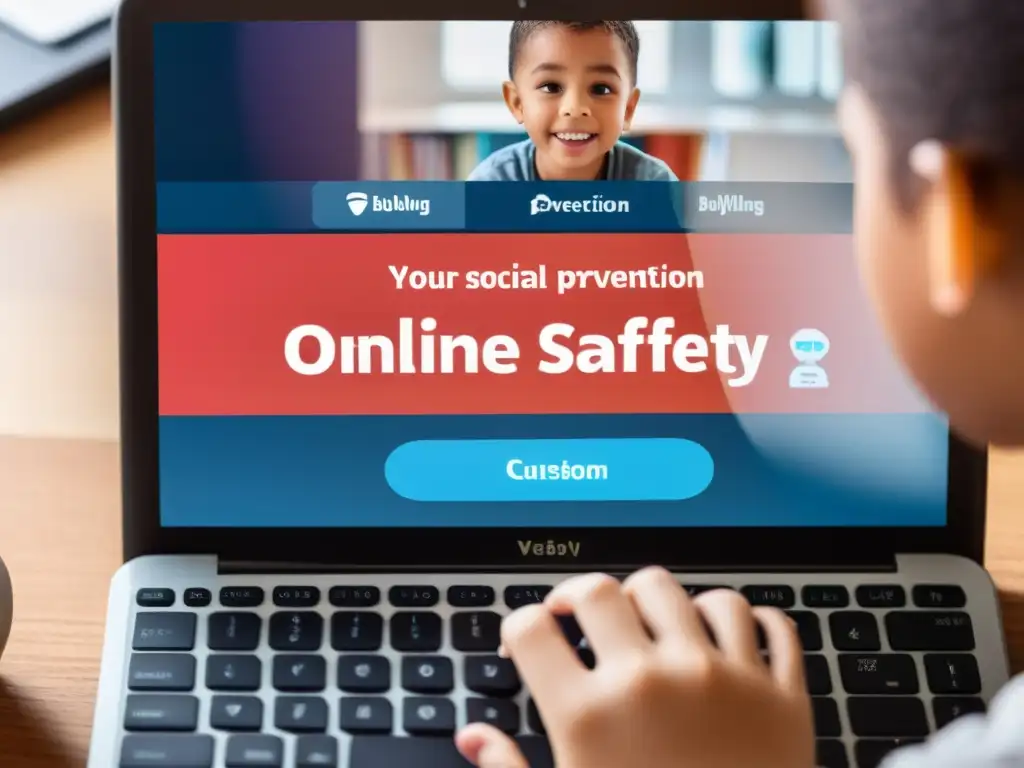 Niño concentrado escribiendo en teclado con mensaje sobre protección menores ciberacoso online en pantalla, rodeado de adultos y materiales educativos