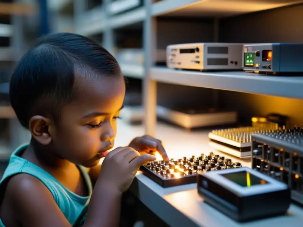 Un niño trabaja exhausto en un dispositivo electrónico en un sombrío taller