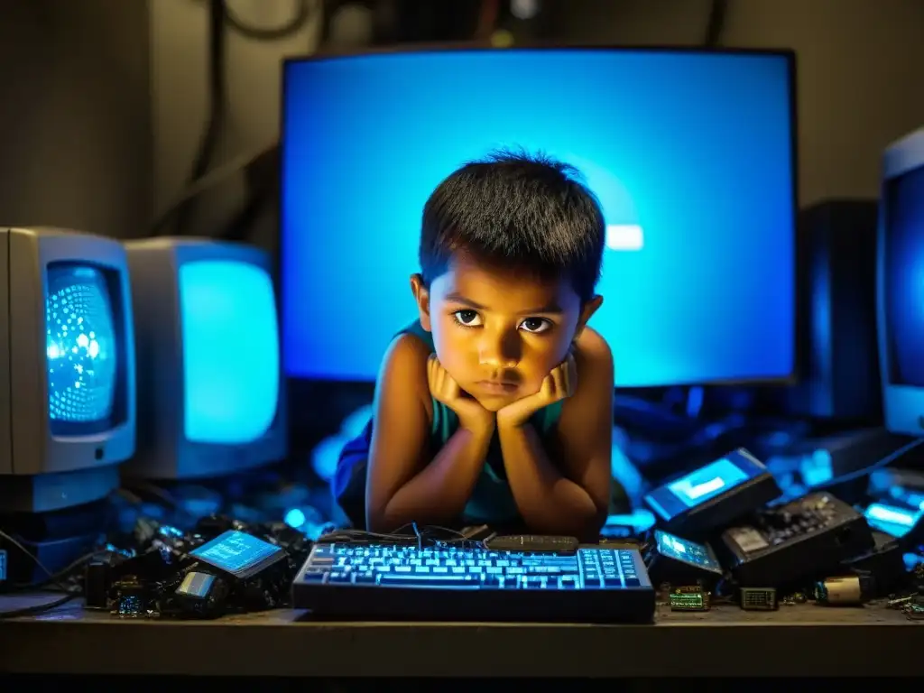 Niño trabaja en la oscuridad rodeado de desechos electrónicos, reflejando la luz azul de la pantalla