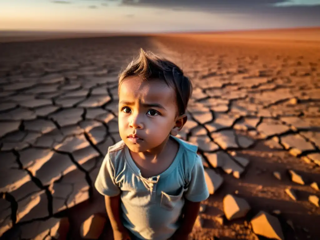 Un niño en un paisaje árido, mirando al cielo con curiosidad y preocupación