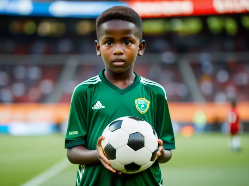 Un niño sostiene una pelota de fútbol frente a un estadio