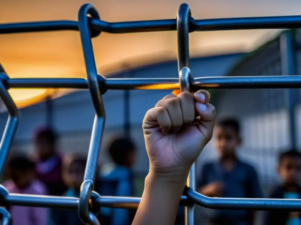 Un niño sujeta la reja, con rostro serio