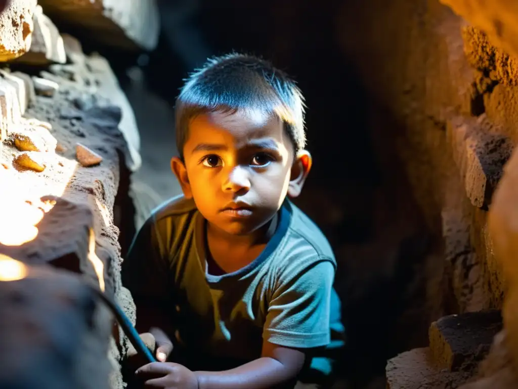 Un niño con el rostro sucio y mirada llena de miedo y determinación trabaja en una mina oscura y estrecha