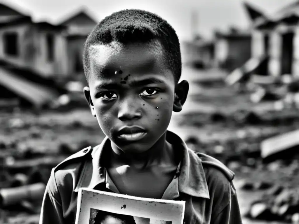 Niño soldado con mirada resiliente en paisaje de guerra, destaca necesidad de protección legal para niños en conflicto armado