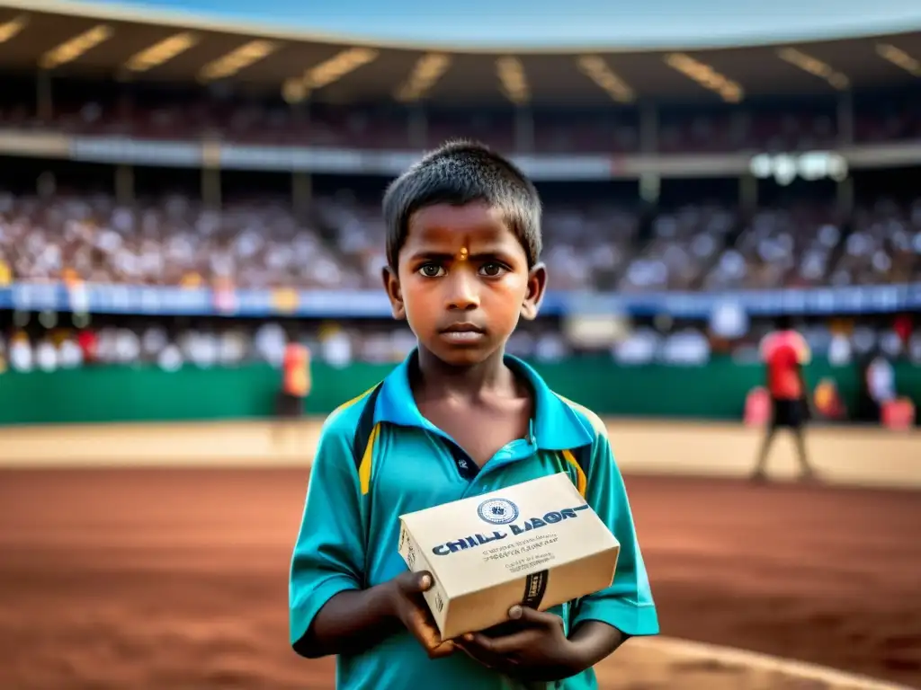 Niño vendedor de souvenirs frente a estadio, reflejando la dura realidad del trabajo infantil en eventos deportivos