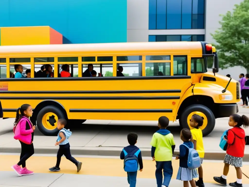 Niños disfrutan de una actividad educativa en una escuela móvil para educación innovadora, rodeados de diversidad y comunidad urbana vibrante