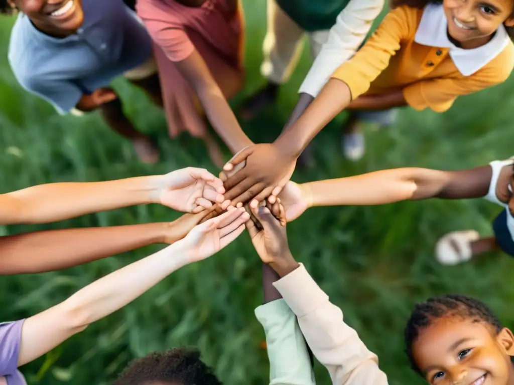 Diversos niños y adultos se unen en un círculo, transmitiendo esperanza y protección a la infancia