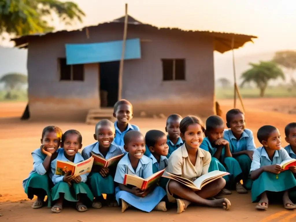 Niños de una aldea rural escuchan atentos a su maestro al atardecer, rodeados de libros y materiales educativos