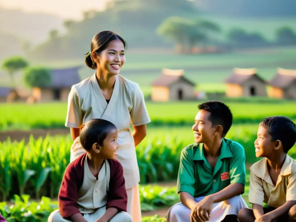 Niños de una aldea rural escuchan atentos a su maestra sobre nutrición