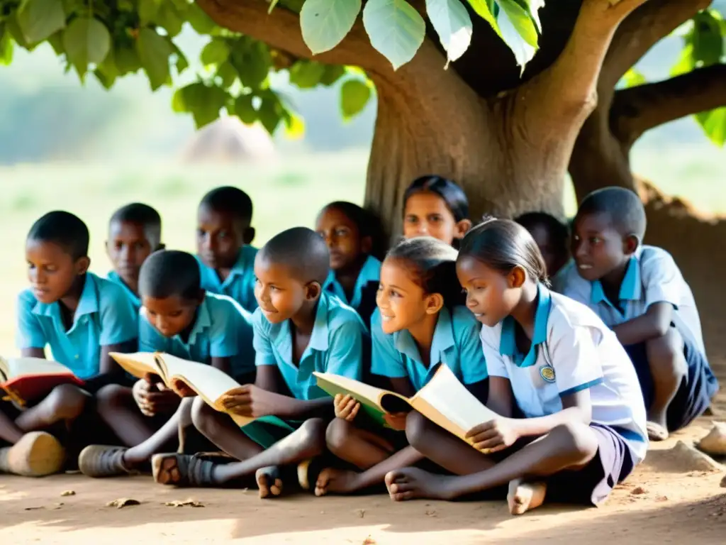 Niños estudian bajo un árbol en una aldea rural, mostrando la determinación y el impacto de la educación en la erradicación de la pobreza