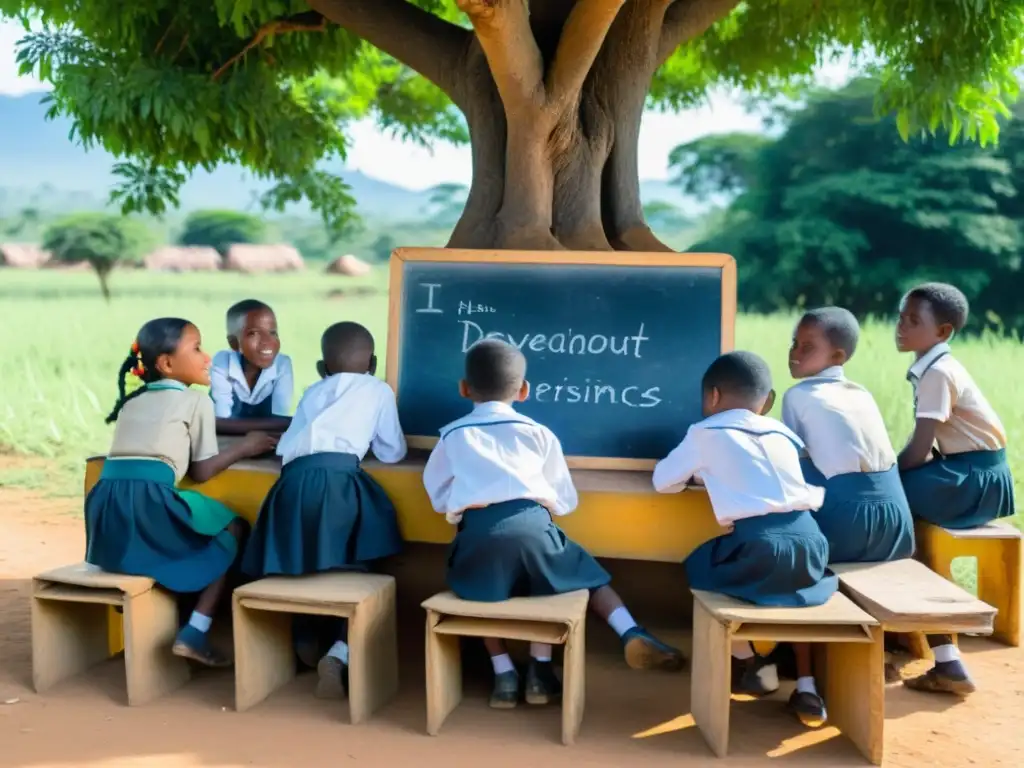 Niños aprendiendo bajo un árbol en un país en desarrollo, resaltando el Derecho a aprender en un mundo desigual