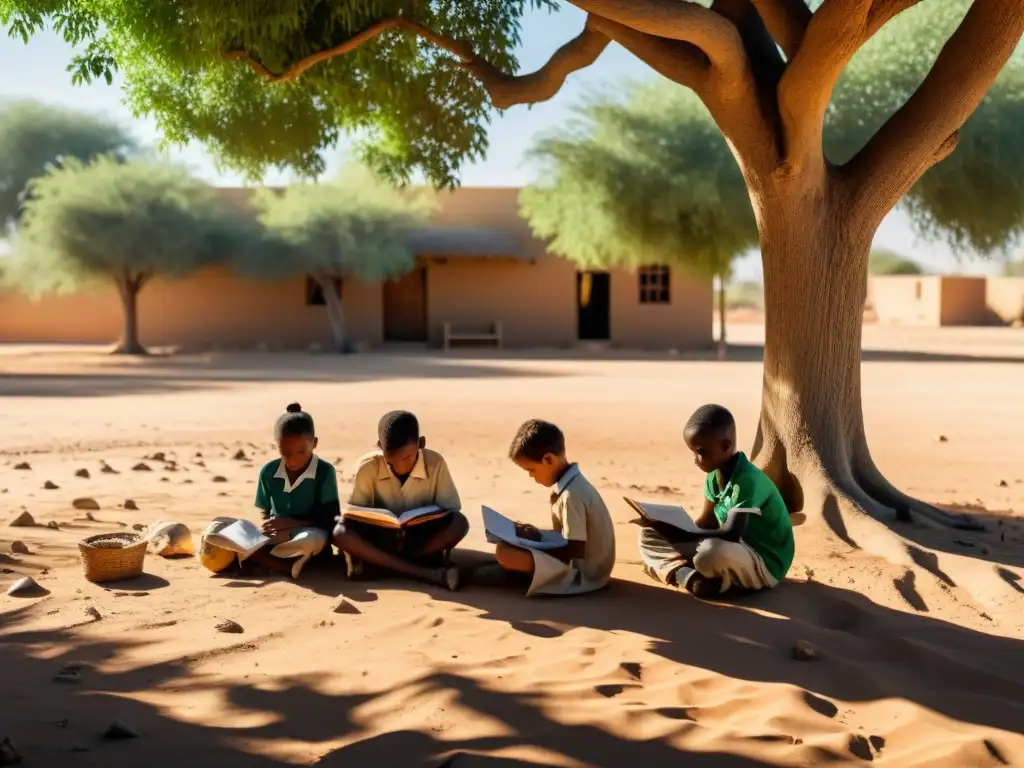 Niños estudian bajo un árbol en zona de sequía, desafiando la crisis climática con determinación y resistencia, mostrando el impacto educativo