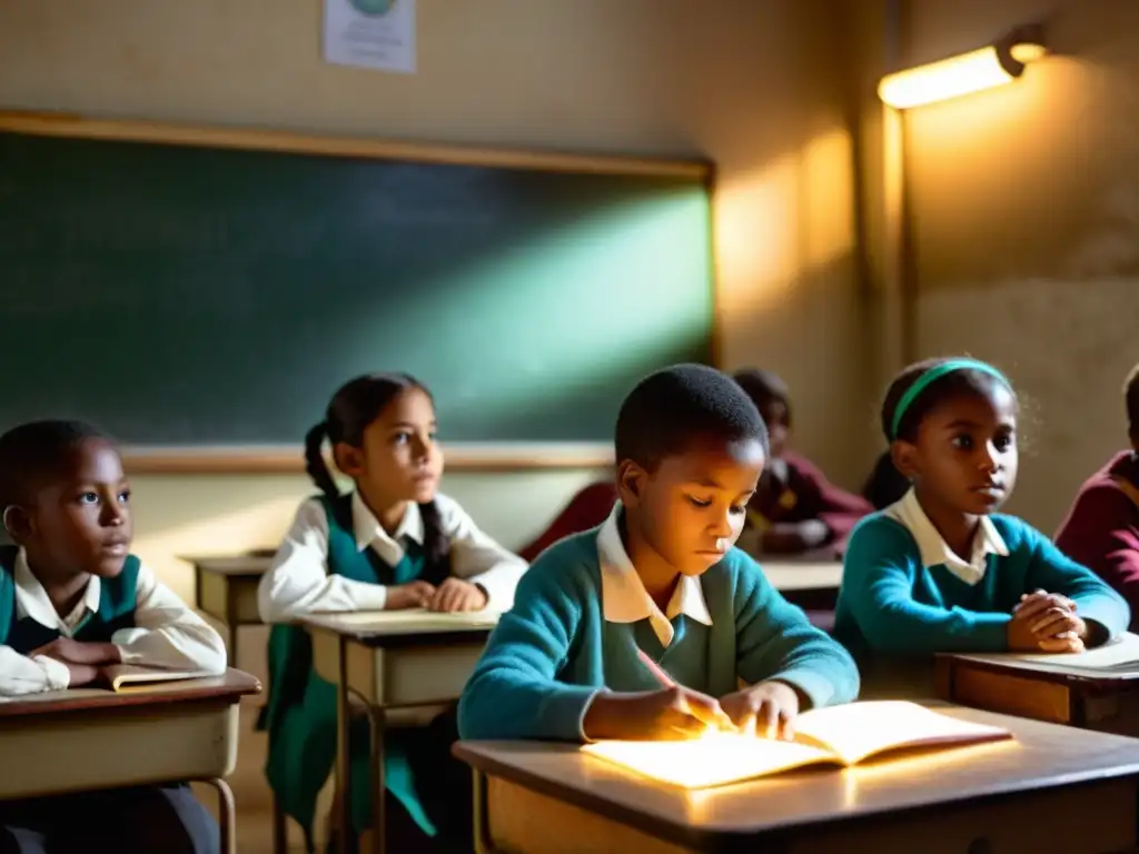 Niños escuchan atentos a su maestro en un aula tenue, resaltando el impacto en la educación infantil a pesar de las dificultades