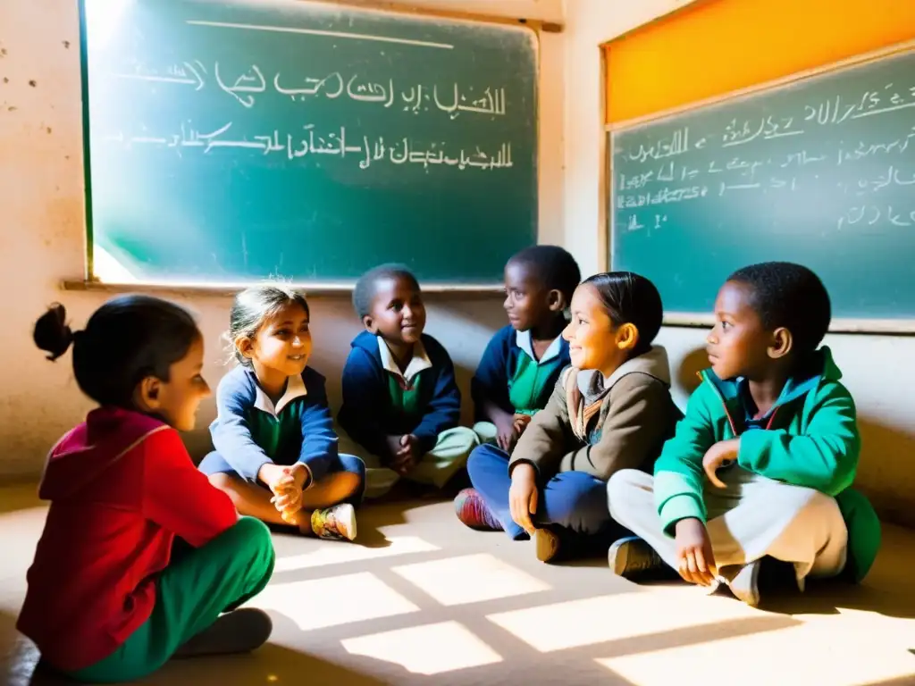 Niños en un aula improvisada en un campamento de refugiados, enfrentando desafíos educativos con determinación y curiosidad