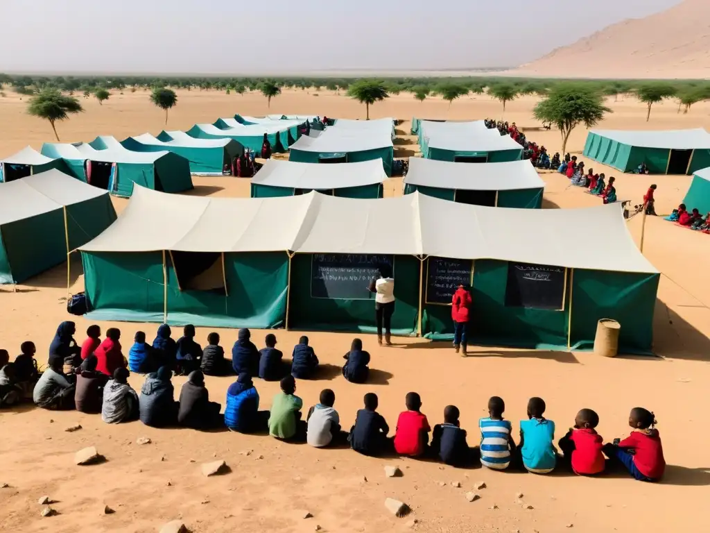 Niños aprendiendo en aula improvisada en campamento de refugiados, métodos educativos alternativos entornos hostiles