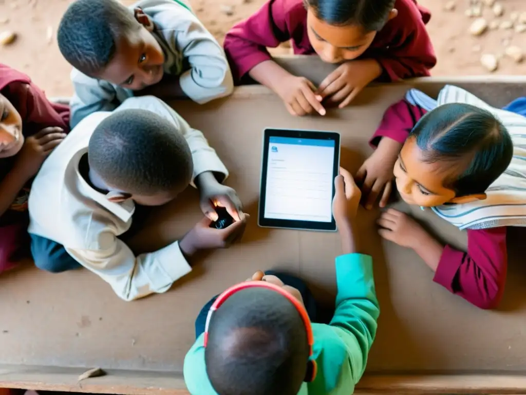 Niños en un aula improvisada en un campamento de refugiados, usando tecnología educativa en crisis migratorias con esperanza y determinación