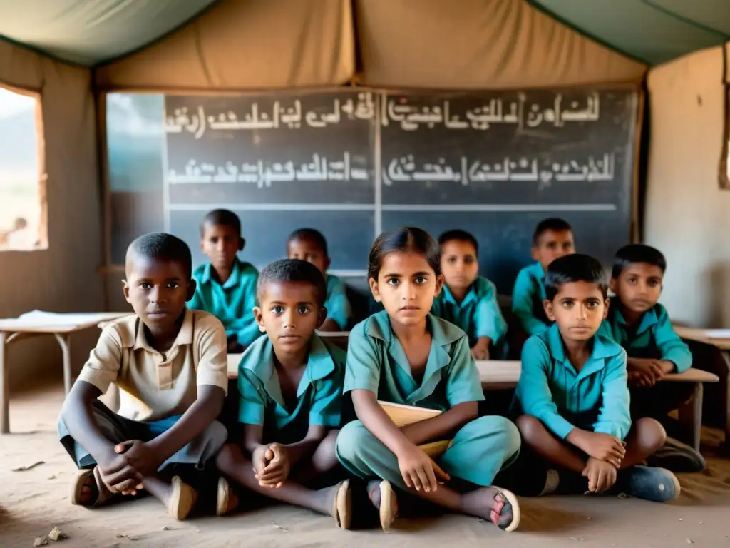 Niños en aula improvisada en campo de refugiados, con maestra apasionada y materiales educativos básicos, frente a paisaje de guerra