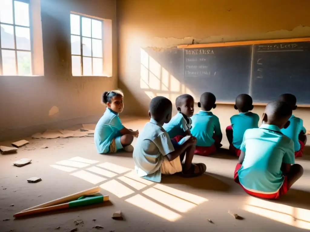 Niños aprendiendo en un aula improvisada entre edificios dañados