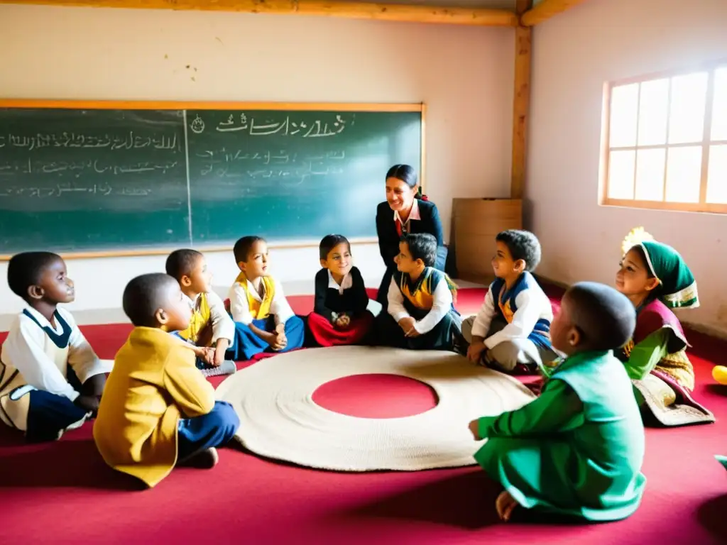 Niños en un aula de refugiados aprenden sobre su identidad cultural y tradiciones, rodeados de artesanías y materiales educativos