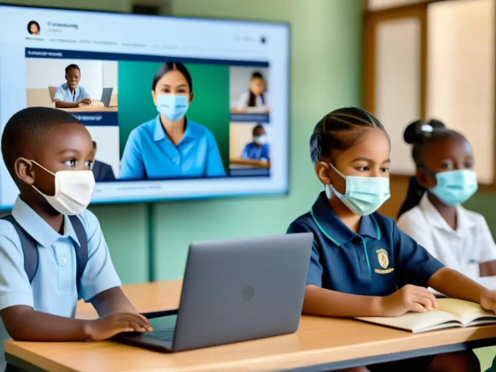 Niños en aula virtual con mascarillas, interactuando con maestra