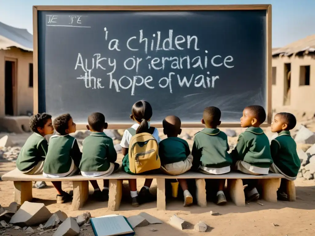 Niños aprendiendo en aulas improvisadas entre escombros, representando el derecho a educación en conflictos