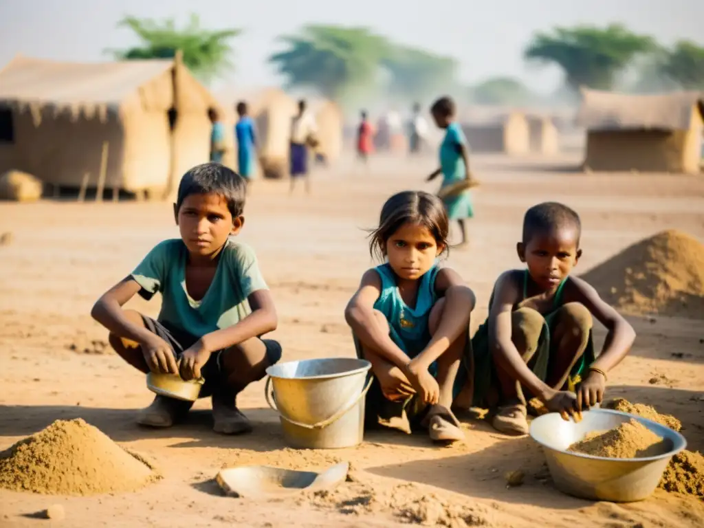 Niños trabajando en un campo polvoriento bajo el sol abrasador, cargando pesadas cargas y cuidando cultivos, en un entorno de extrema pobreza